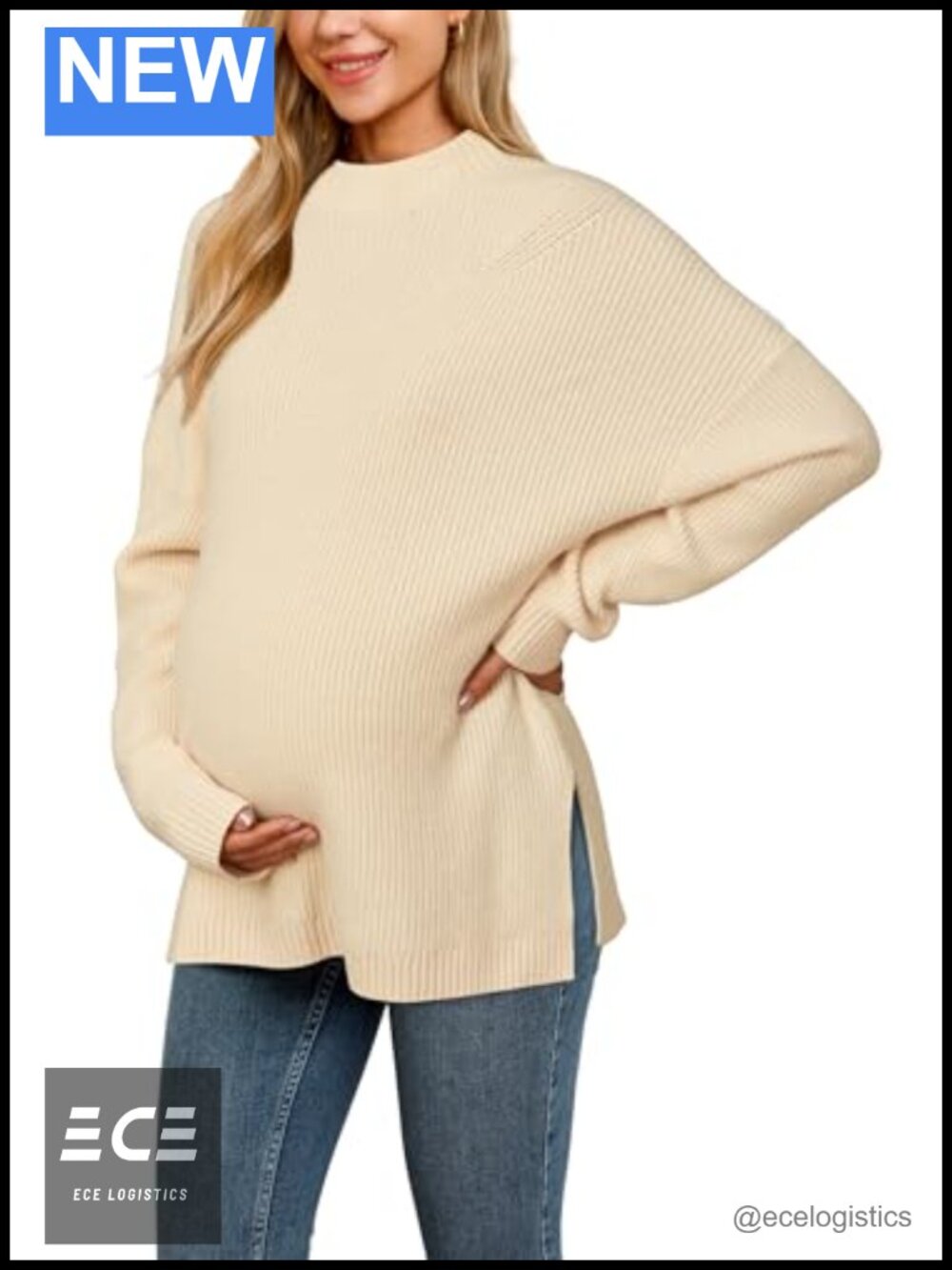 Oversized Turtleneck Sweater Side Slit Pullover Maternity Winter Knit Top